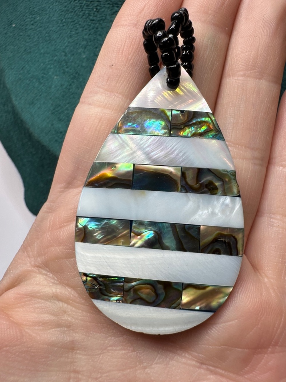 Mother of Pearl and Abalone Inlaid Teardrop Pendant Glass Bead Bale